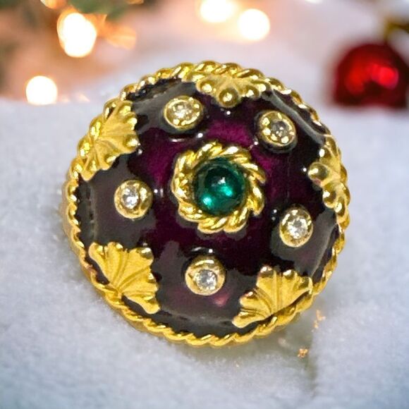 Vtg  GERARD YOSCA burgundy enamel gold plated round spherical clip earrings - Picture 2 of 8